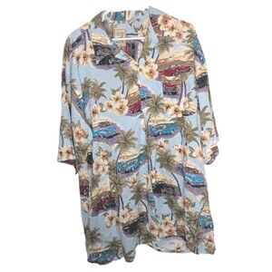 Island Collection Hawaiian Shirt Mens XL Cars Floral Button Up Rayon Yellow Blue